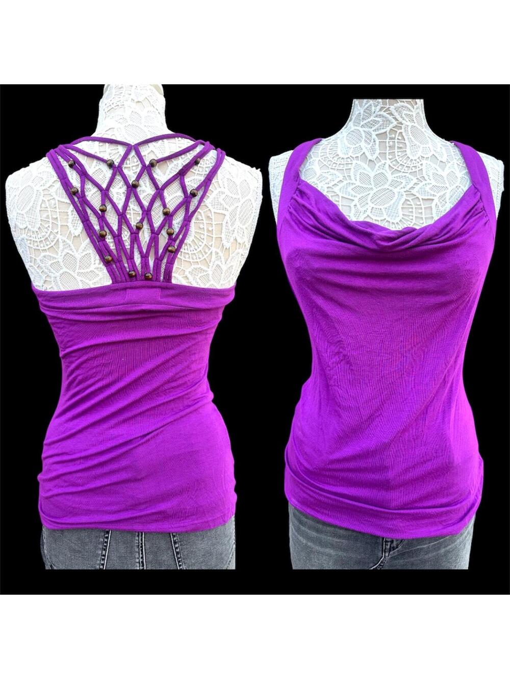 Candie's Electric Purple Macramé Cage Back Top - Picture 1 of 6